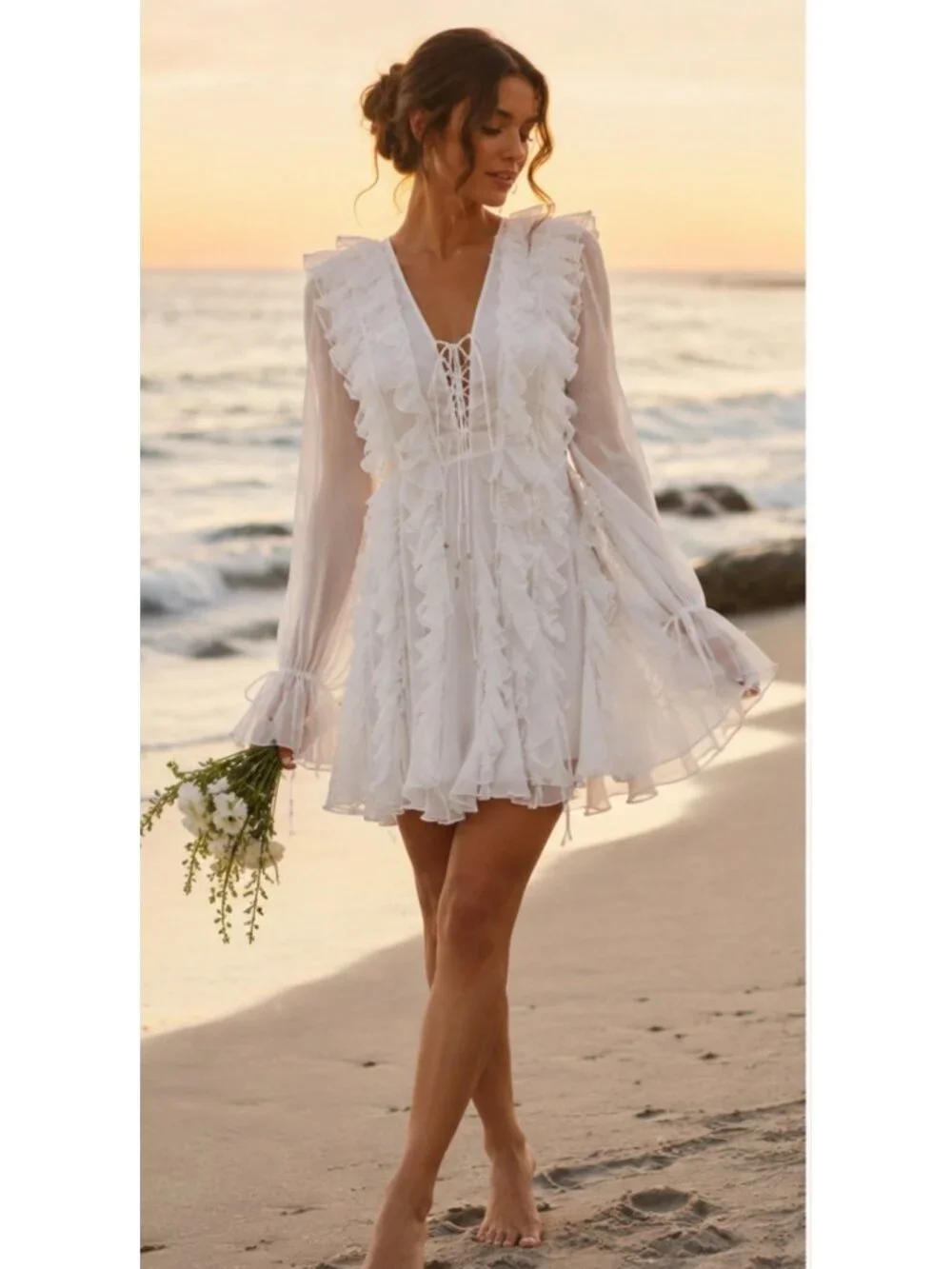 Endless Rose Long-Sleeve Chiffon Ruffle Mini Dress Size Large New With Tags